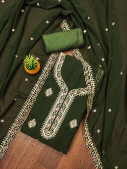 Zeepkart - Green Georgette Embroidered Unstitched Kurta with Bottom and Dupatta (Set of 3)
