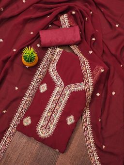 Zeepkart - Red Georgette Embroidered Unstitched Kurta with Bottom and Dupatta (Set of 3)