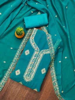 Zeepkart - Teal Georgette Embroidered Unstitched Kurta with Bottom and Dupatta (Set of 3)