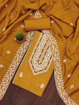 Zeepkart - Gold Silk Cotton Embroidered Unstitched Kurta with Bottom and Dupatta (Set of 3)