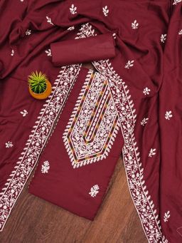 Zeepkart - Maroon Silk Cotton Embroidered Unstitched Kurta with Bottom and Dupatta (Set of 3)