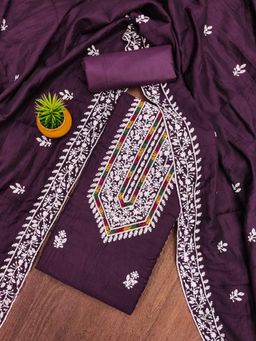 Zeepkart - Purple Silk Cotton Embroidered Unstitched Kurta with Bottom and Dupatta (Set of 3)