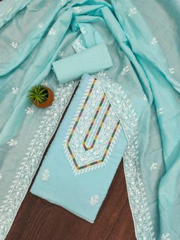 Zeepkart - Teal Silk Cotton Embroidered Unstitched Kurta with Bottom and Dupatta (Set of 3)