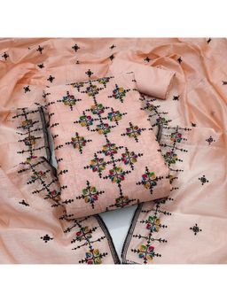 Zeepkart - Orange Cotton Embroidered Unstitched Kurta with Bottom and Dupatta (Set of 3)