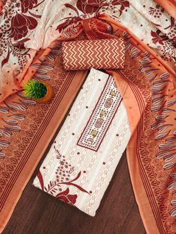 Zeepkart - Orange Cotton Floral Print Unstitched Kurta with Bottom and Dupatta (Set of 3)