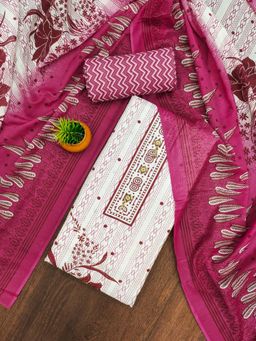 Zeepkart - Pink Cotton Floral Print Unstitched Kurta with Bottom and Dupatta (Set of 3)