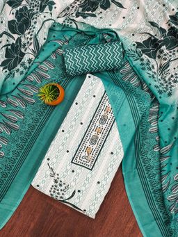 Zeepkart - Teal Cotton Floral Print Unstitched Kurta with Bottom and Dupatta (Set of 3)