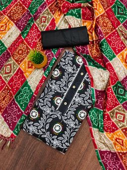 Zeepkart - Black Cotton Embroidered Unstitched Kurta with Bottom and Dupatta (Set of 3)