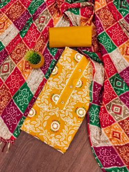 Zeepkart - Gold Cotton Embroidered Unstitched Kurta with Bottom and Dupatta (Set of 3)