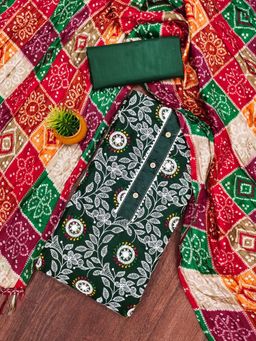Zeepkart - Green Cotton Embroidered Unstitched Kurta with Bottom and Dupatta (Set of 3)