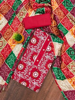 Zeepkart - Red Cotton Embroidered Unstitched Kurta with Bottom and Dupatta (Set of 3)