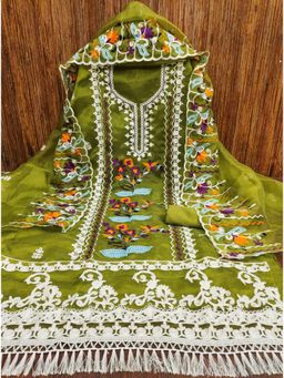 Zeepkart - Green Organza Embroidered Unstitched Kurta with Bottom and Dupatta (Set of 3)