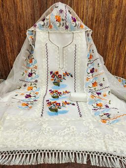 Zeepkart - White Organza Embroidered Unstitched Kurta with Bottom and Dupatta (Set of 3)