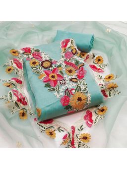 Zeepkart - Blue Organza Embroidered Unstitched Kurta with Bottom and Dupatta (Set of 3)