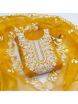 Zeepkart - Mustard Organza Embroidered Unstitched Kurta with Bottom and Dupatta (Set of 3)