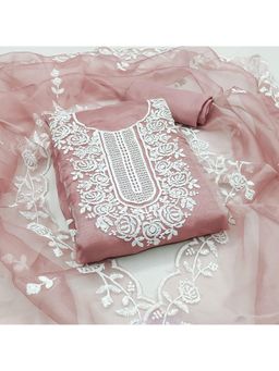 Zeepkart - Pink Organza Embroidered Unstitched Kurta with Bottom and Dupatta (Set of 3)