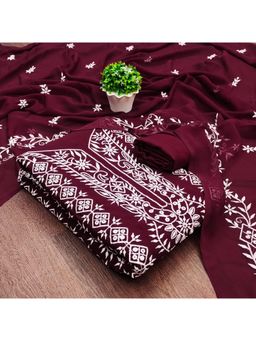 Zeepkart - Maroon Chanderi Cotton Embroidered Unstitched Kurta with Bottom and Dupatta (Set of 3)