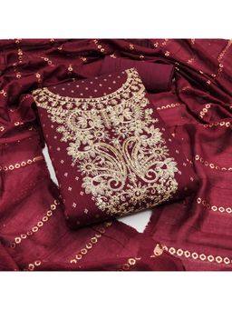 Zeepkart - Maroon Chanderi Cotton Embroidered Unstitched Kurta with Bottom and Dupatta (Set of 3)
