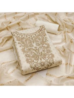 Zeepkart - Cream Chanderi Cotton Embroidered Unstitched Kurta with Bottom and Dupatta (Set of 3)