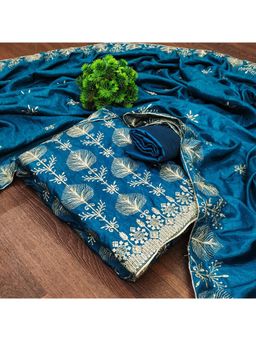 Zeepkart - Blue Silk Embroidered Unstitched Kurta with Bottom and Dupatta (Set of 3)