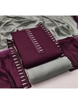 Zeepkart - Purple Cotton Embroidered Unstitched Kurta with Bottom and Dupatta (Set of 3)