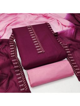 Zeepkart - Wine Cotton Embroidered Unstitched Kurta with Bottom and Dupatta (Set of 3)