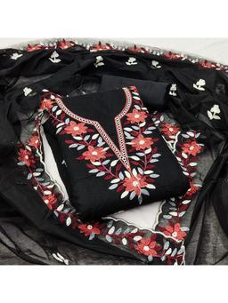 Zeepkart - Black Chanderi Embroidered Unstitched Kurta with Bottom and Dupatta (Set of 3)
