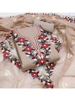 Zeepkart - Beige Chanderi Embroidered Unstitched Kurta with Bottom and Dupatta (Set of 3)