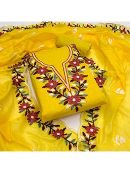 Zeepkart - Yellow Chanderi Embroidered Unstitched Kurta with Bottom and Dupatta (Set of 3)