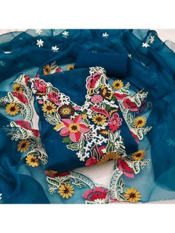 Zeepkart - Blue Organza Cotton Embroidered Unstitched Kurta with Bottom and Dupatta (Set of 3)