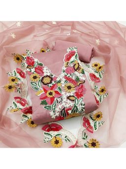 Zeepkart - Pink Organza Cotton Embroidered Unstitched Kurta with Bottom and Dupatta (Set of 3)