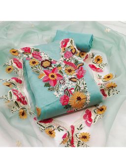 Zeepkart - Sky Blue Organza Cotton Embroidered Unstitched Kurta with Bottom and Dupatta (Set of 3)