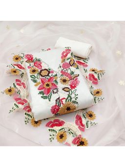 Zeepkart - White Organza Cotton Embroidered Unstitched Kurta with Bottom and Dupatta (Set of 3)