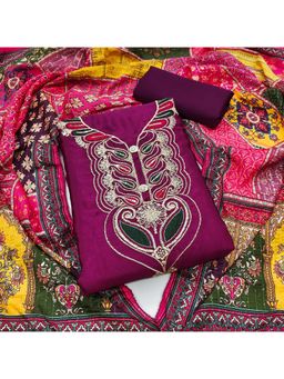 Zeepkart - Purple Silk Embroidered Unstitched Kurta with Bottom and Dupatta (Set of 3)