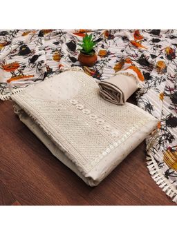 Zeepkart - Cream Silk Embroidered Unstitched Kurta with Bottom and Dupatta (Set of 3)