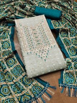 Zeepkart - Grey Jacquard Embroidered Unstitched Kurta with Bottom and Dupatta (Set of 3)