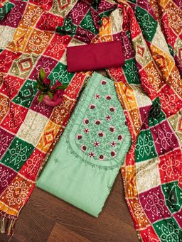 Zeepkart - Green Cotton Embroidered Unstitched Kurta with Bottom and Dupatta (Set of 3)