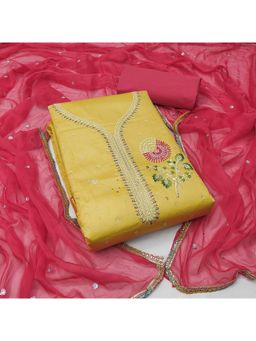 Zeepkart - Mustard Cotton Embroidered Unstitched Kurta with Bottom and Dupatta (Set of 3)