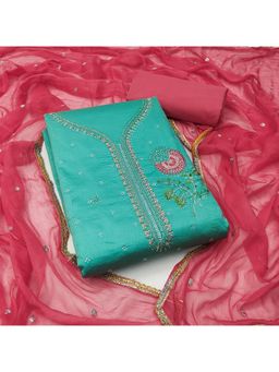 Zeepkart - Teal Cotton Embroidered Unstitched Kurta with Bottom and Dupatta (Set of 3)