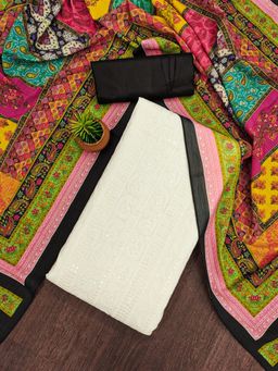 Zeepkart - Black Cotton Embroidered Unstitched Kurta with Bottom and Dupatta (Set of 3)