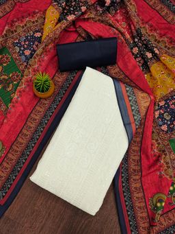 Zeepkart - Blue Cotton Embroidered Unstitched Kurta with Bottom and Dupatta (Set of 3)