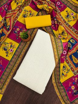 Zeepkart - Yellow Cotton Embroidered Unstitched Kurta with Bottom and Dupatta (Set of 3)