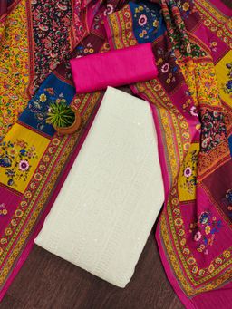 Zeepkart - Pink Cotton Embroidered Unstitched Kurta with Bottom and Dupatta (Set of 3)