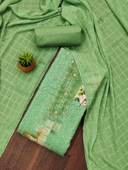 Zeepkart - Green Cotton Printed Unstitched Kurta with Bottom and Dupatta (Set of 3)