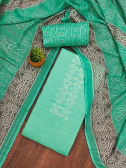 Zeepkart - Teal Cotton Embroidered Unstitched Kurta with Bottom and Dupatta (Set of 3)