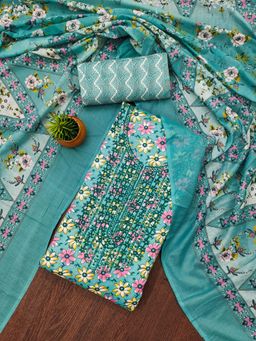 Zeepkart - Teal Cotton Embroidered Unstitched Kurta with Bottom and Dupatta (Set of 3)