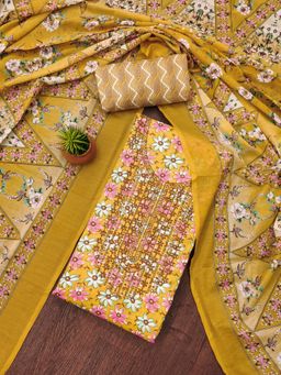 Zeepkart - Yellow Cotton Embroidered Unstitched Kurta with Bottom and Dupatta (Set of 3)