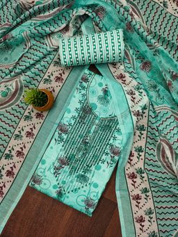 Zeepkart - Teal Cotton Embroidered Unstitched Kurta with Bottom and Dupatta (Set of 3)