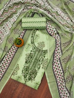 Zeepkart - Green Cotton Embroidered Unstitched Kurta with Bottom and Dupatta (Set of 3)