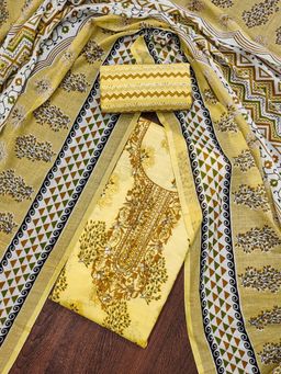 Zeepkart - Yellow Cotton Embroidered Unstitched Kurta with Bottom and Dupatta (Set of 3)